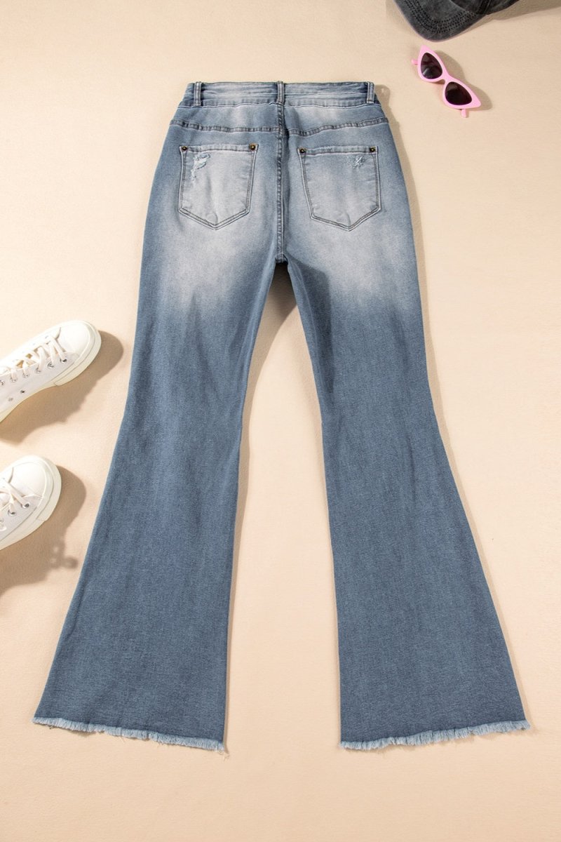 Distressed Raw Hem Bootcut Jeans - Bottoms