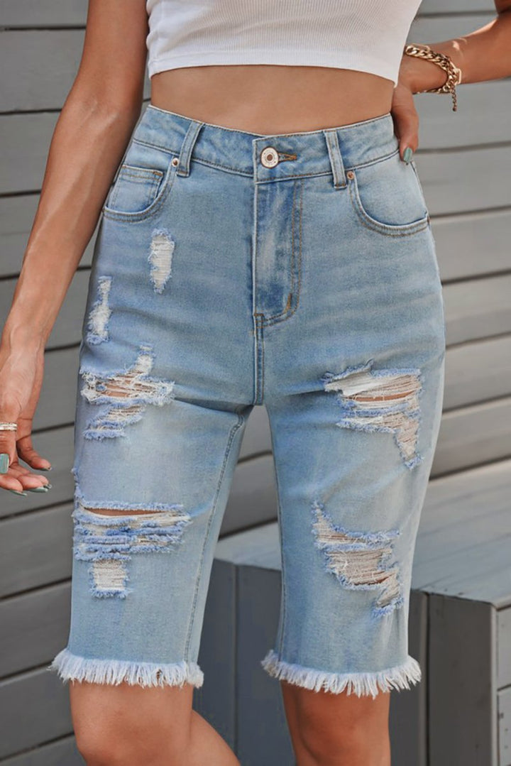 Distressed Raw Hem Denim Bermuda Shorts - Bottoms