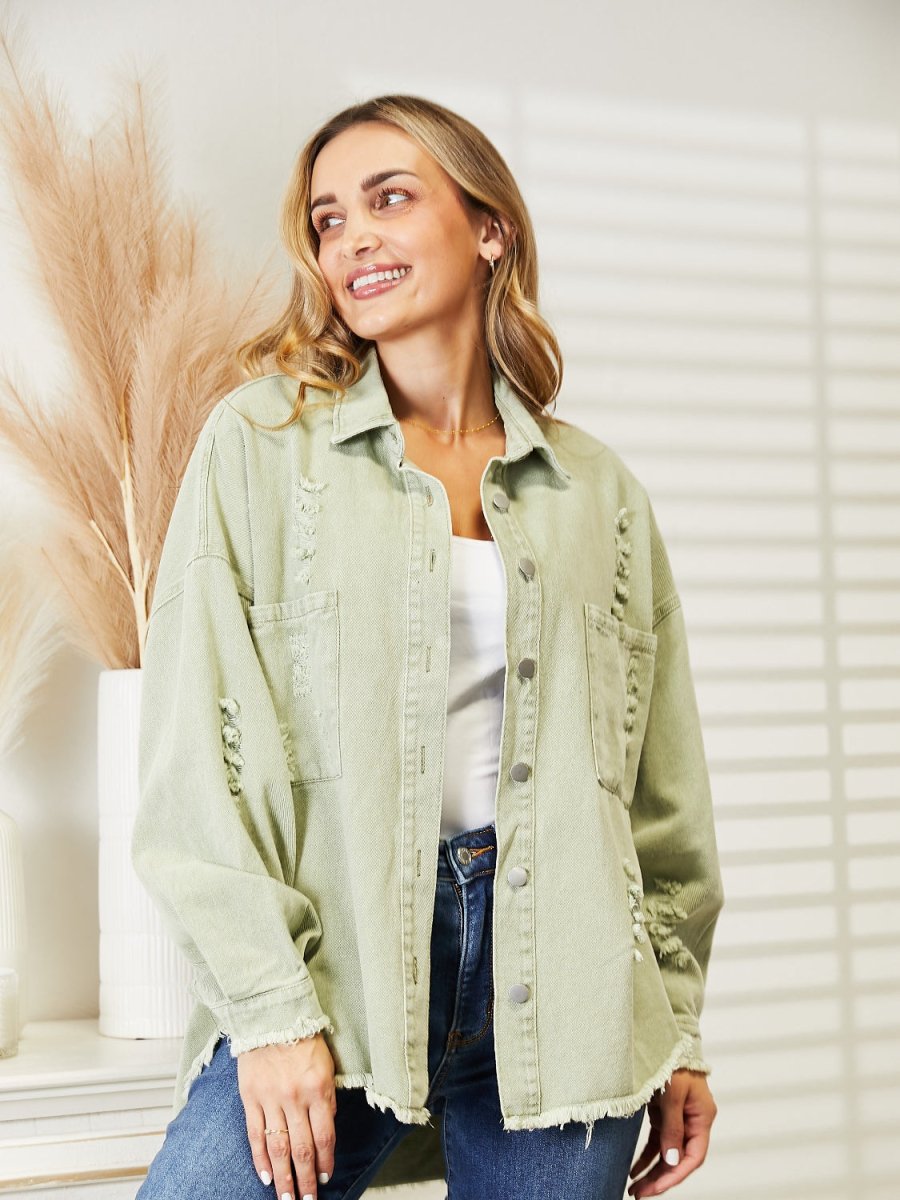 Distressed Raw Hem Denim Jacket - Outerwear