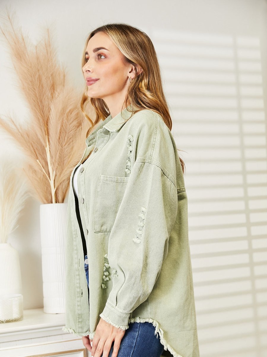 Distressed Raw Hem Denim Jacket - Outerwear