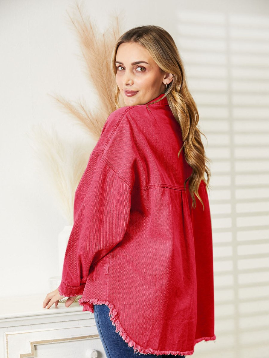 Distressed Raw Hem Denim Jacket - Outerwear