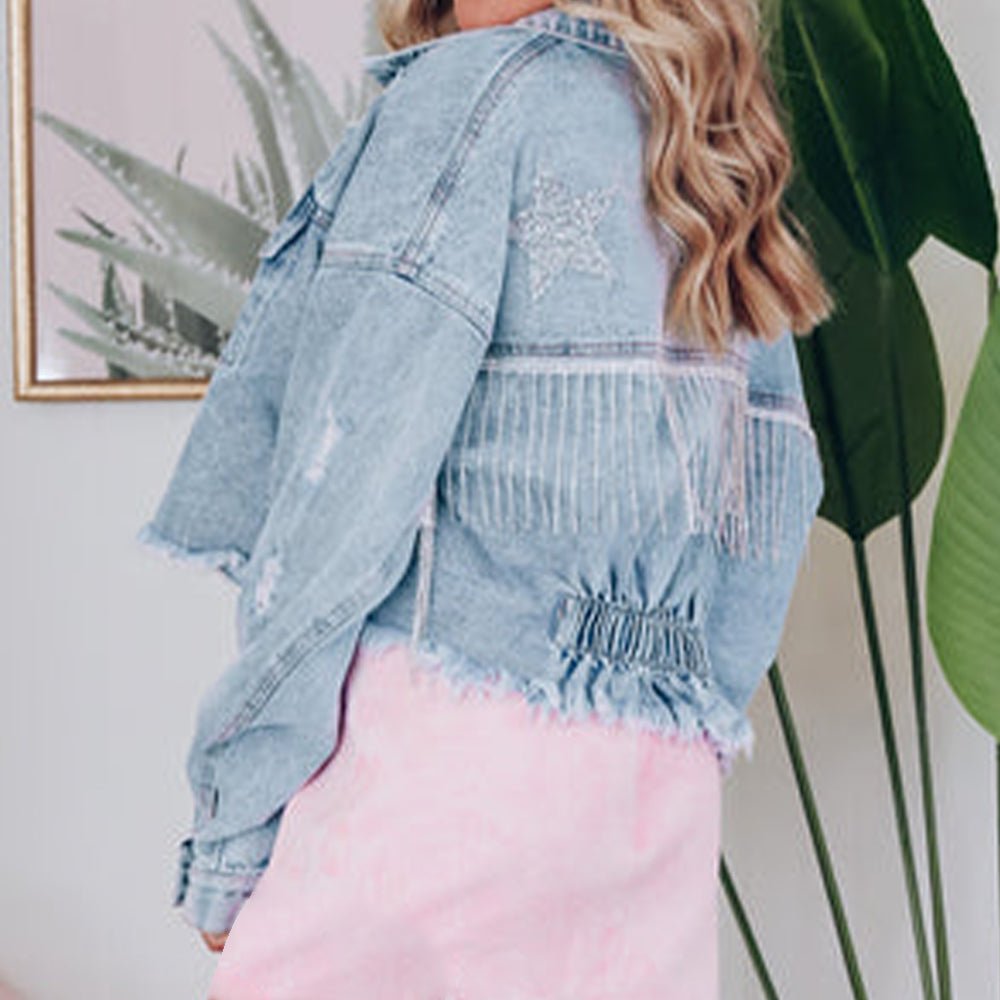 Distressed Raw Hem Denim Jacket - Outerwear
