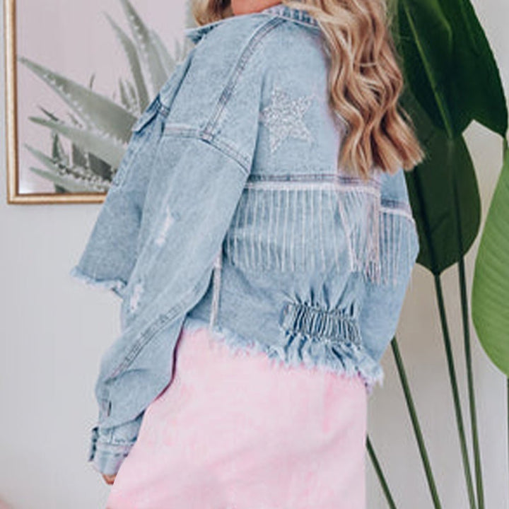 Distressed Raw Hem Denim Jacket - Outerwear