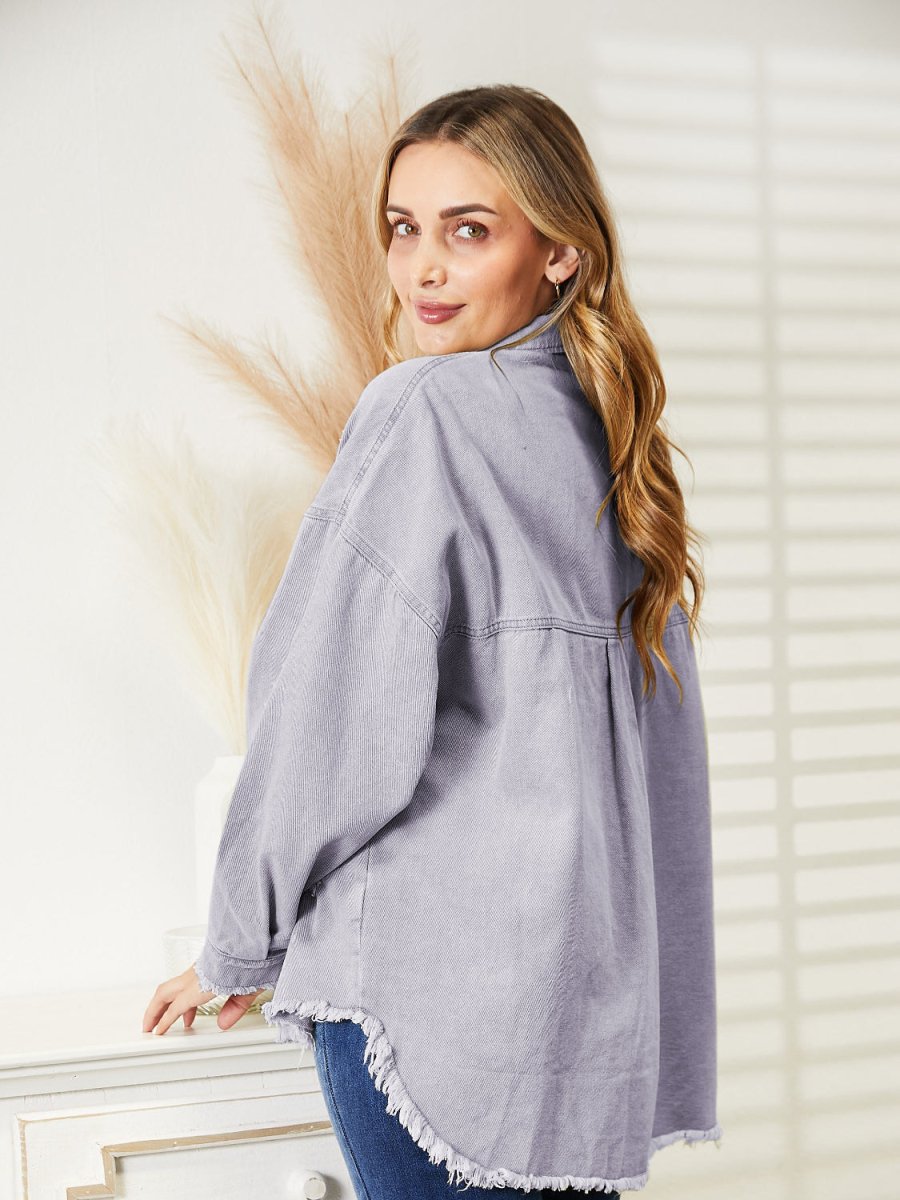 Distressed Raw Hem Denim Jacket - Outerwear