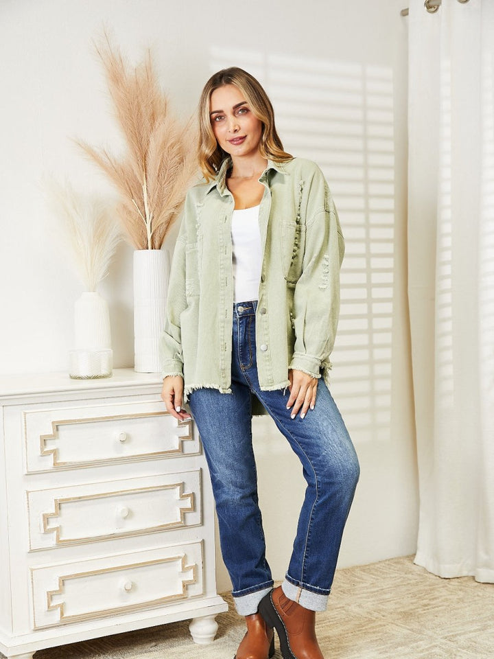 Distressed Raw Hem Denim Jacket - Outerwear