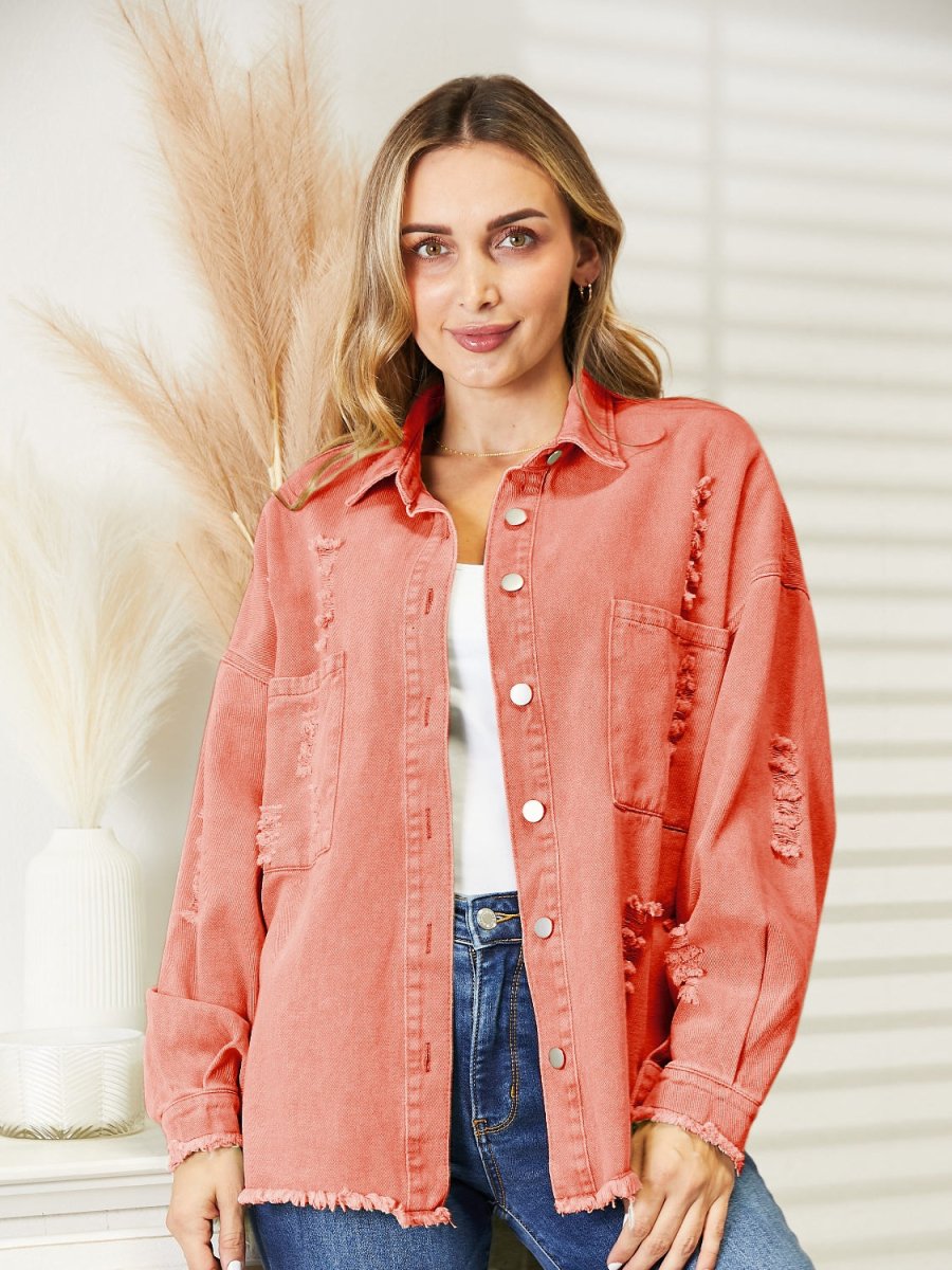 Distressed Raw Hem Denim Jacket - Outerwear