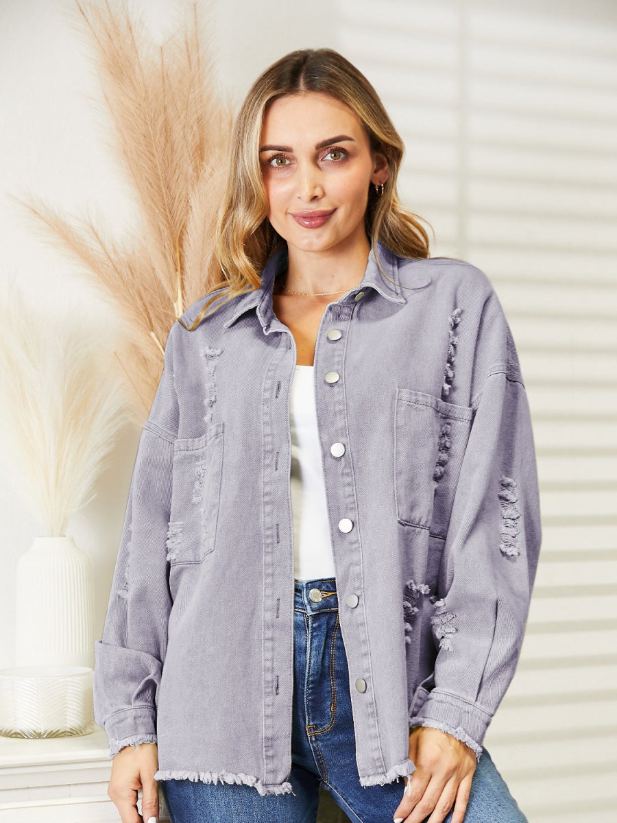 Distressed Raw Hem Denim Jacket - Outerwear