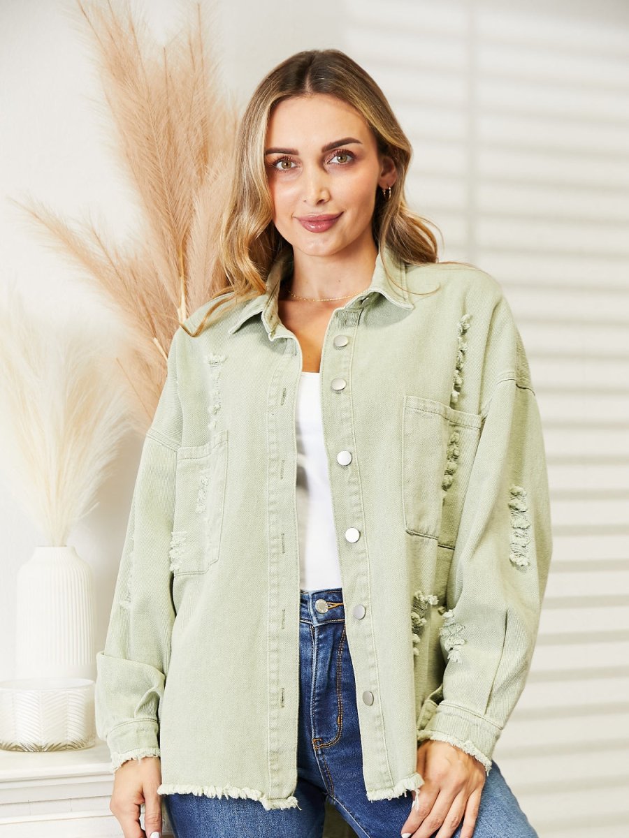 Distressed Raw Hem Denim Jacket - Outerwear