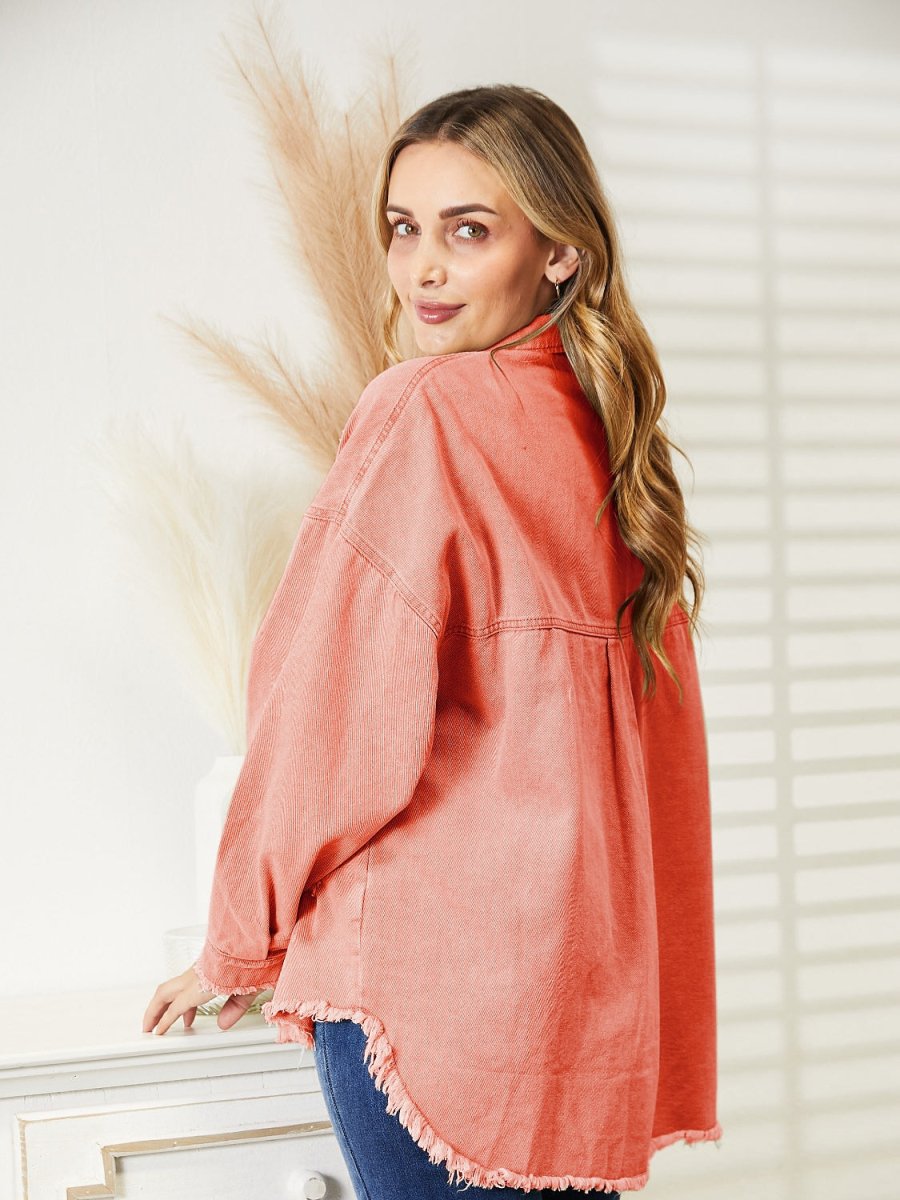 Distressed Raw Hem Denim Jacket - Outerwear