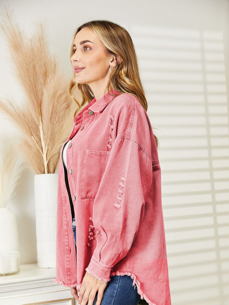 Distressed Raw Hem Denim Jacket - Outerwear