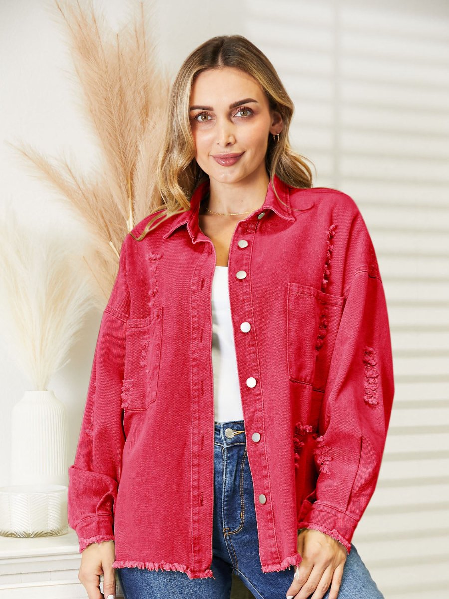 Distressed Raw Hem Denim Jacket - Outerwear