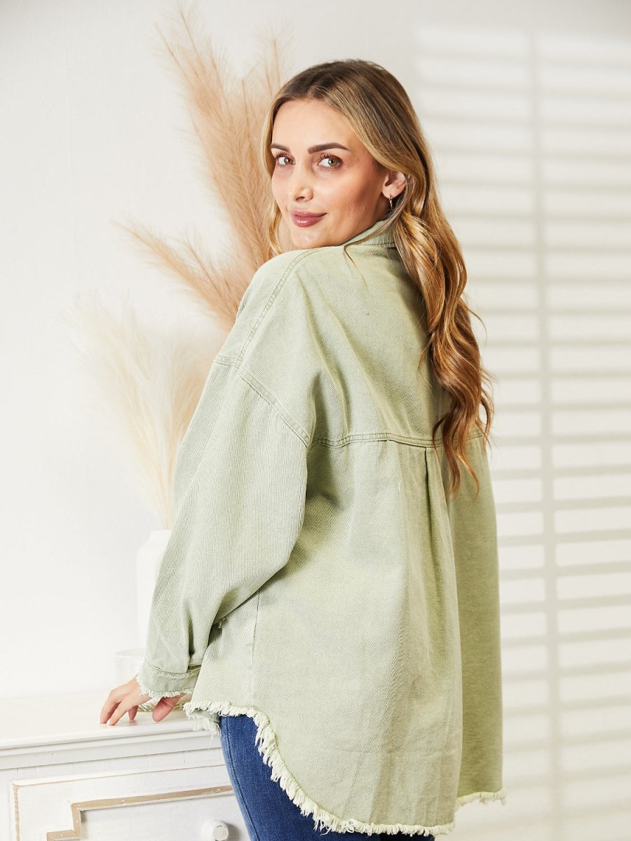 Distressed Raw Hem Denim Jacket - Outerwear