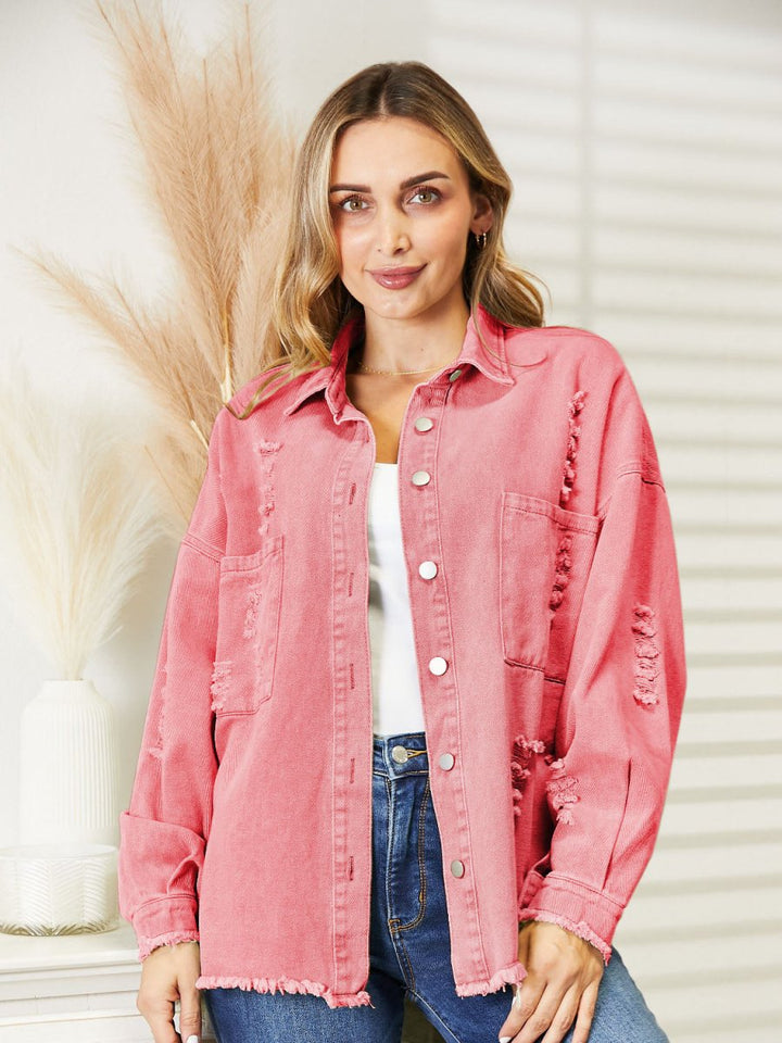 Distressed Raw Hem Denim Jacket - Outerwear