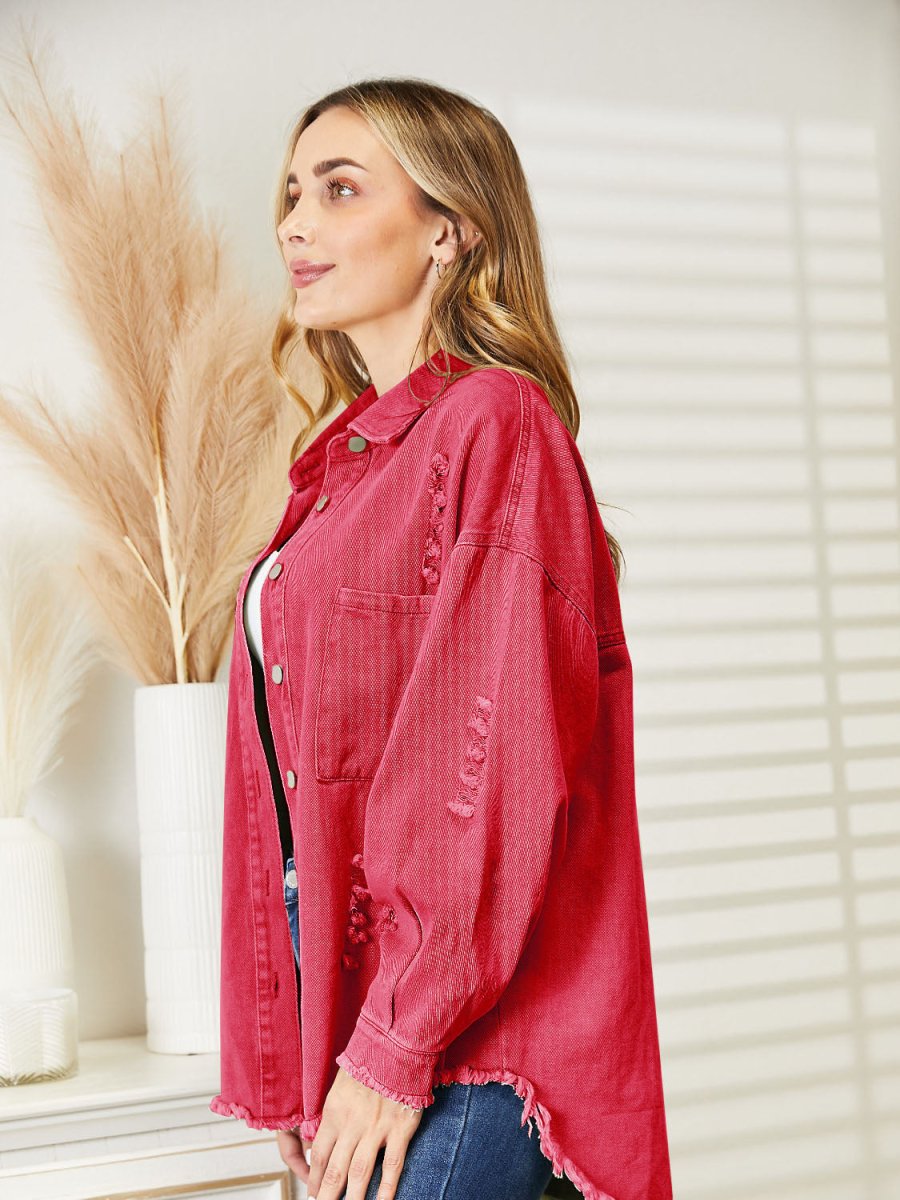 Distressed Raw Hem Denim Jacket - Outerwear