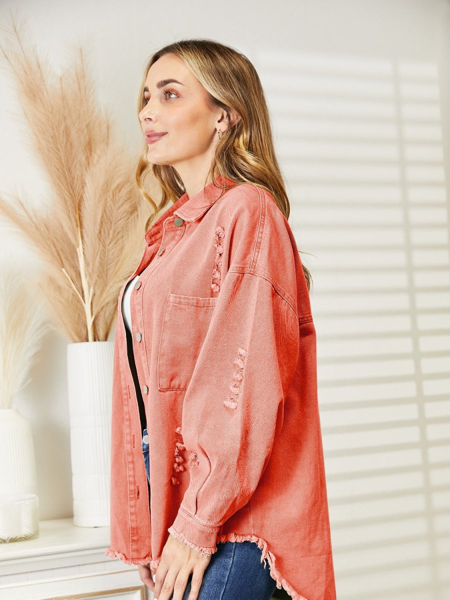 Distressed Raw Hem Denim Jacket - Outerwear