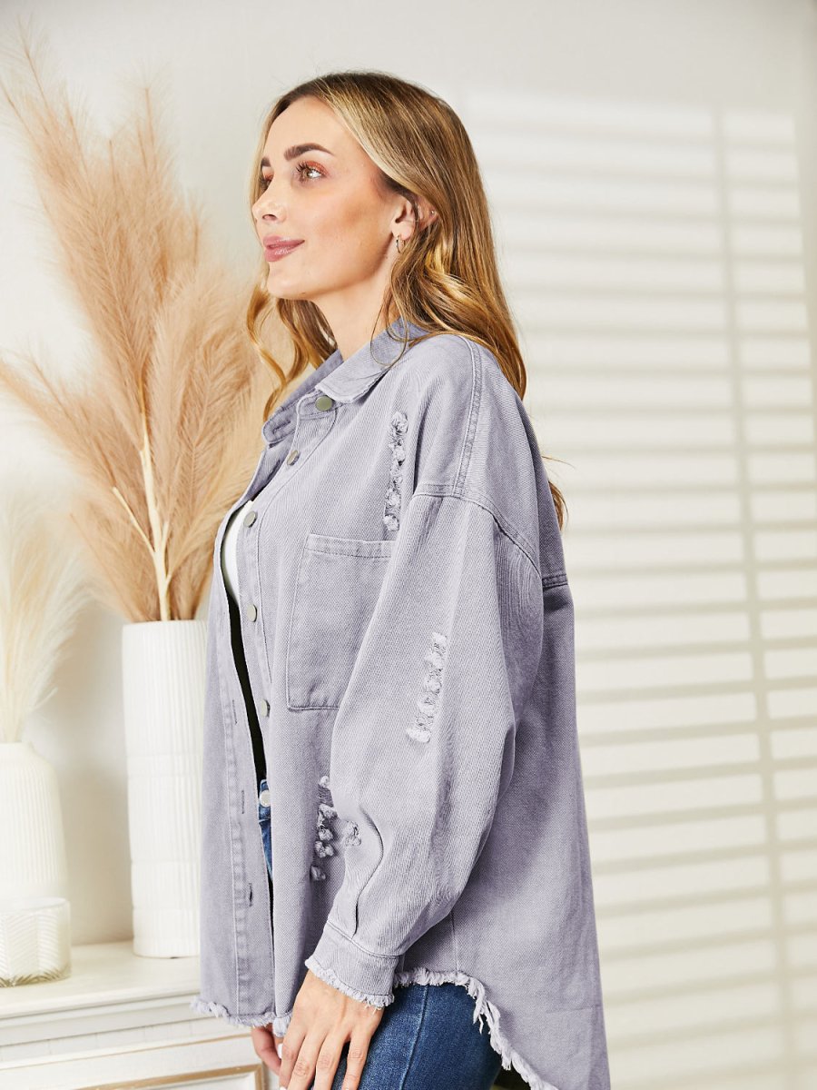 Distressed Raw Hem Denim Jacket - Outerwear