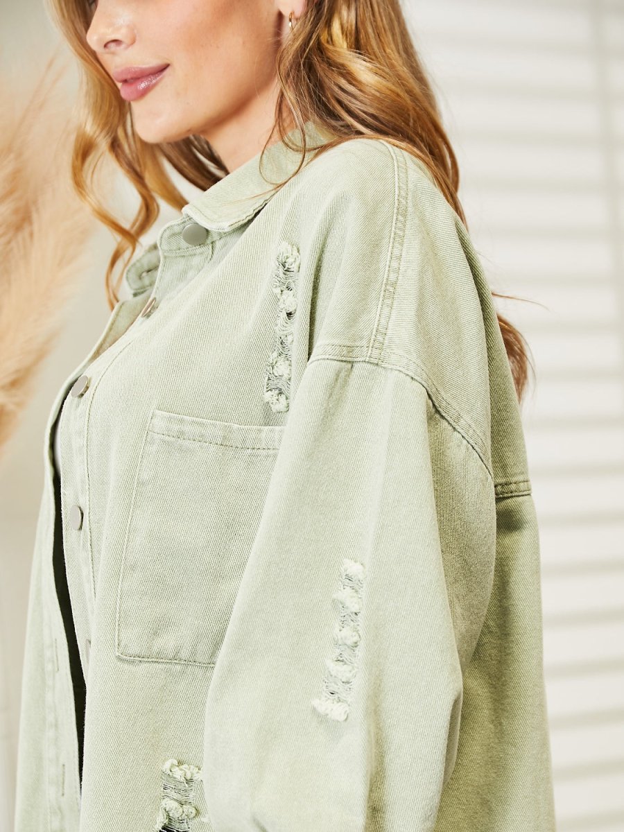 Distressed Raw Hem Denim Jacket - Outerwear