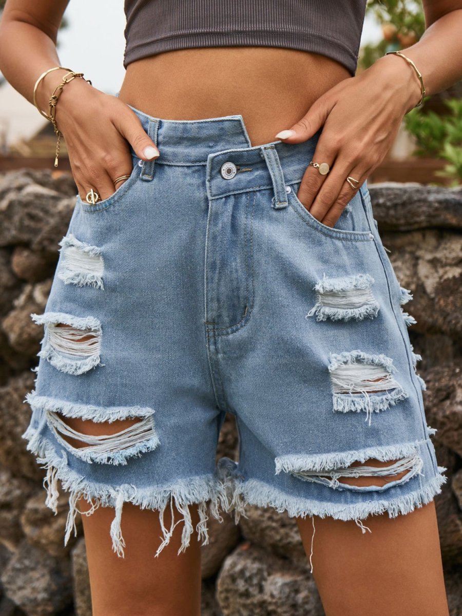 Distressed Raw Hem Denim Shorts - Bottoms