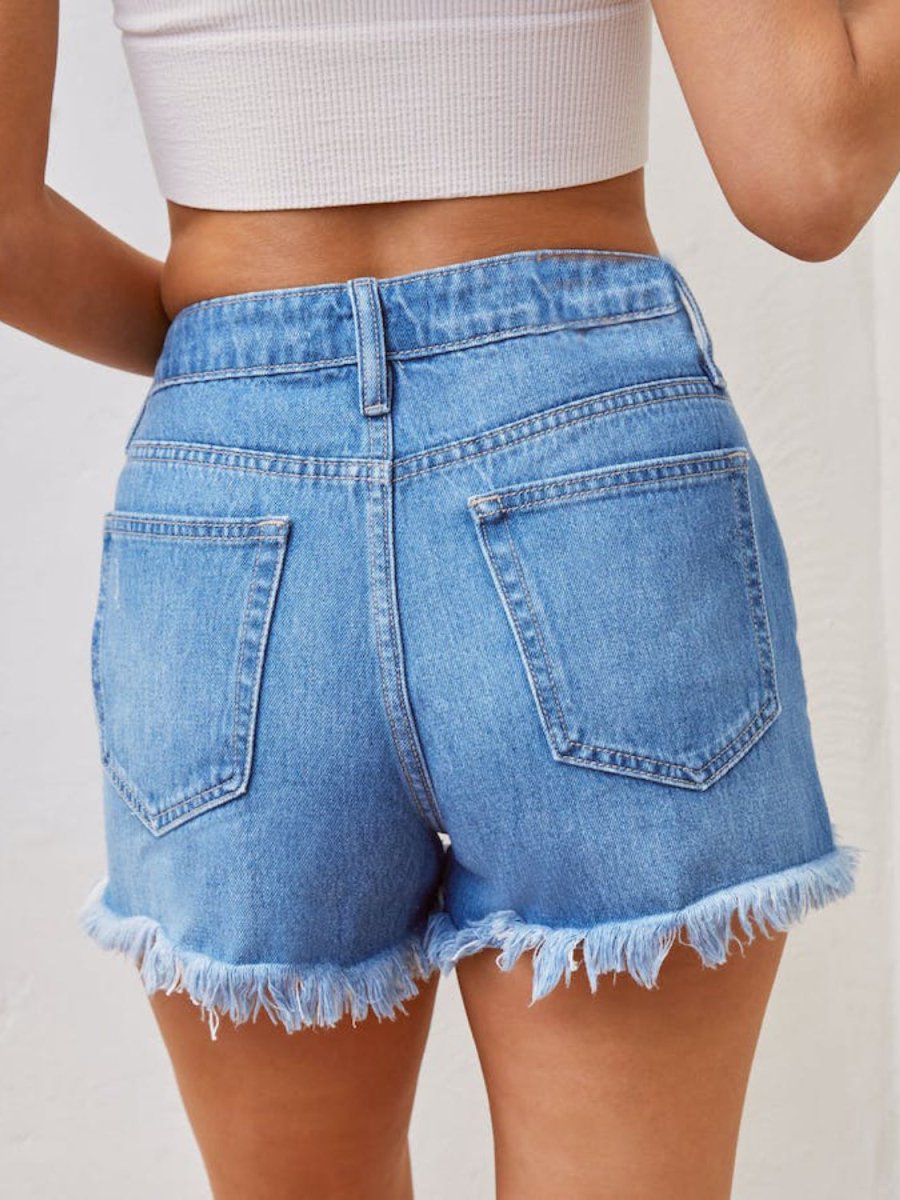 Distressed Raw Hem Denim Shorts - Bottoms
