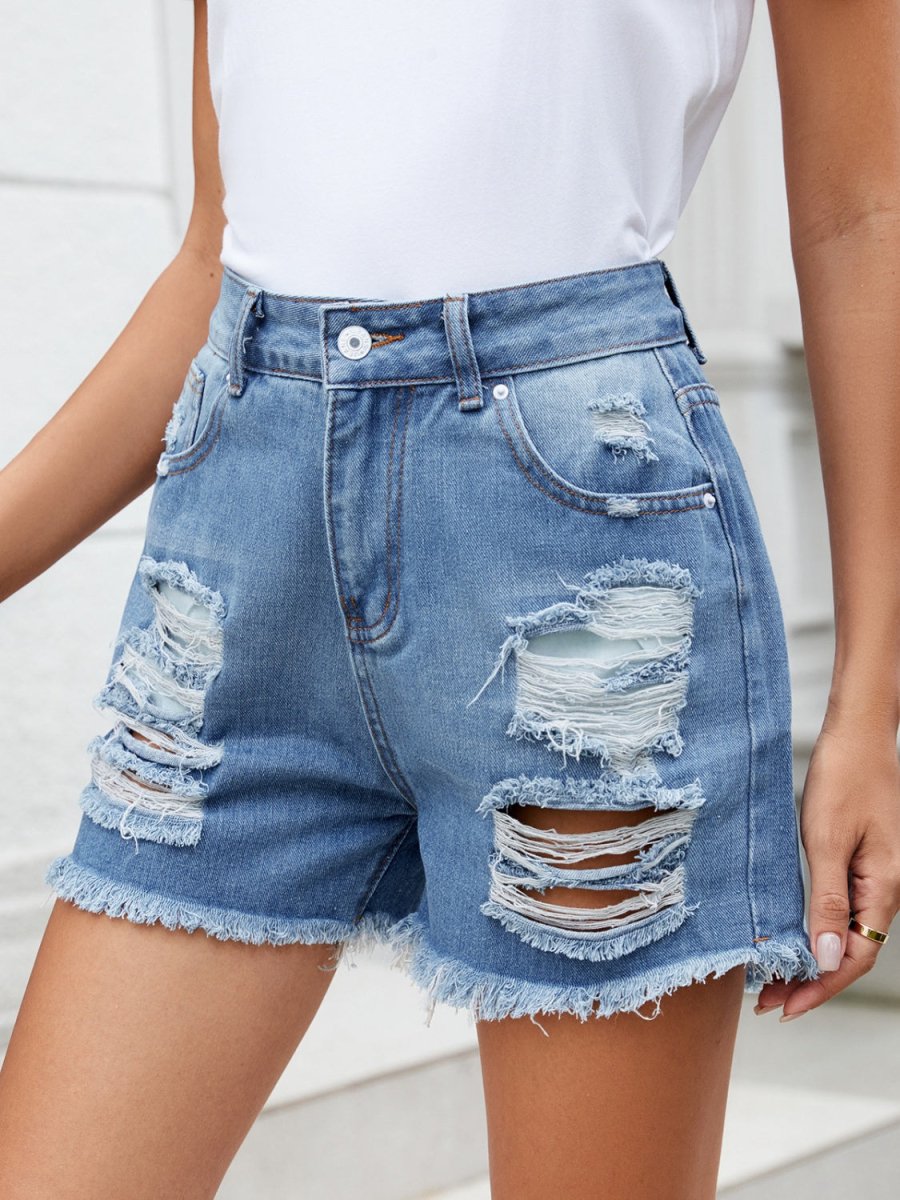 Distressed Raw Hem Denim Shorts - Bottoms