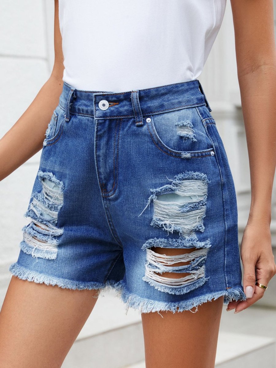Distressed Raw Hem Denim Shorts - Bottoms