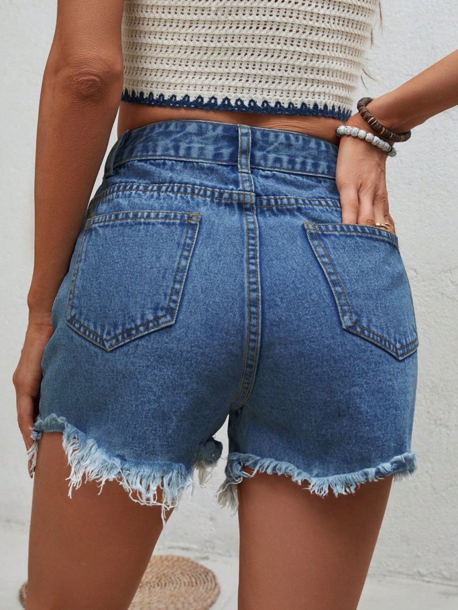 Distressed Raw Hem Denim Shorts - Bottoms