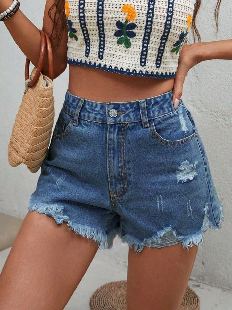 Distressed Raw Hem Denim Shorts - Bottoms