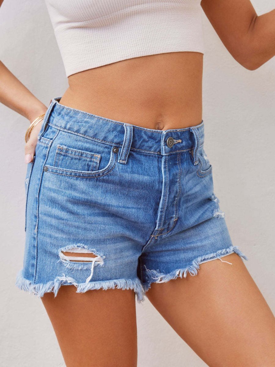 Distressed Raw Hem Denim Shorts - Bottoms