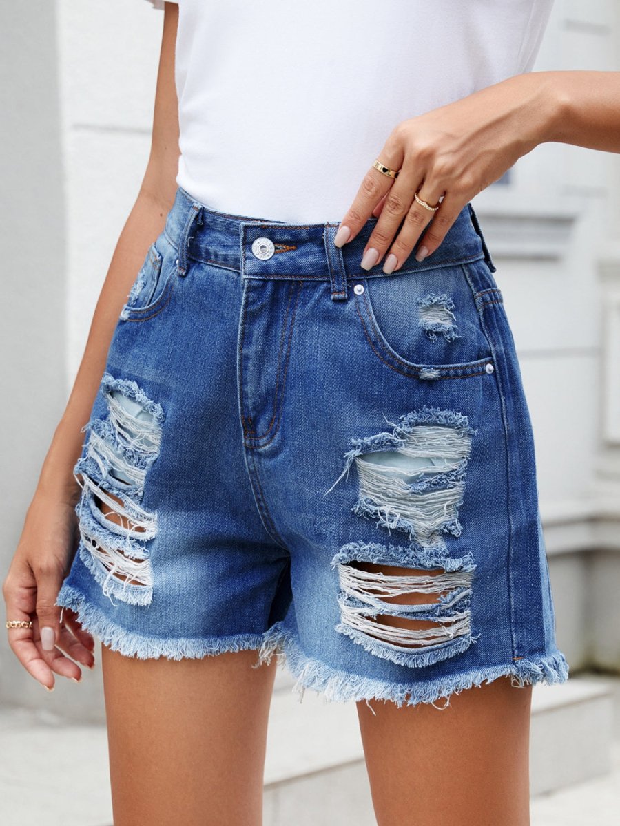 Distressed Raw Hem Denim Shorts - Bottoms