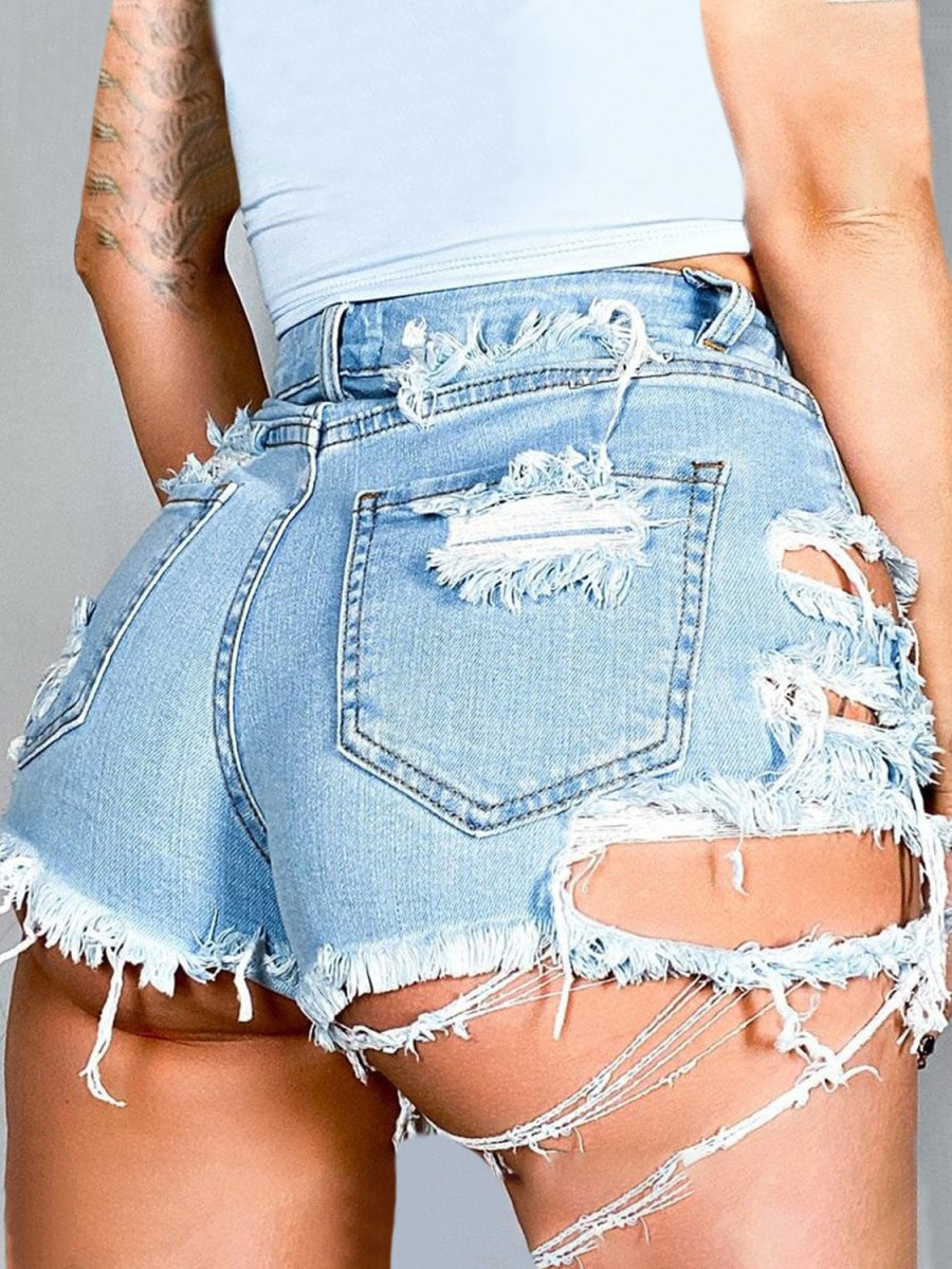 Distressed Raw Hem Denim Shorts with Pockets - Bottoms