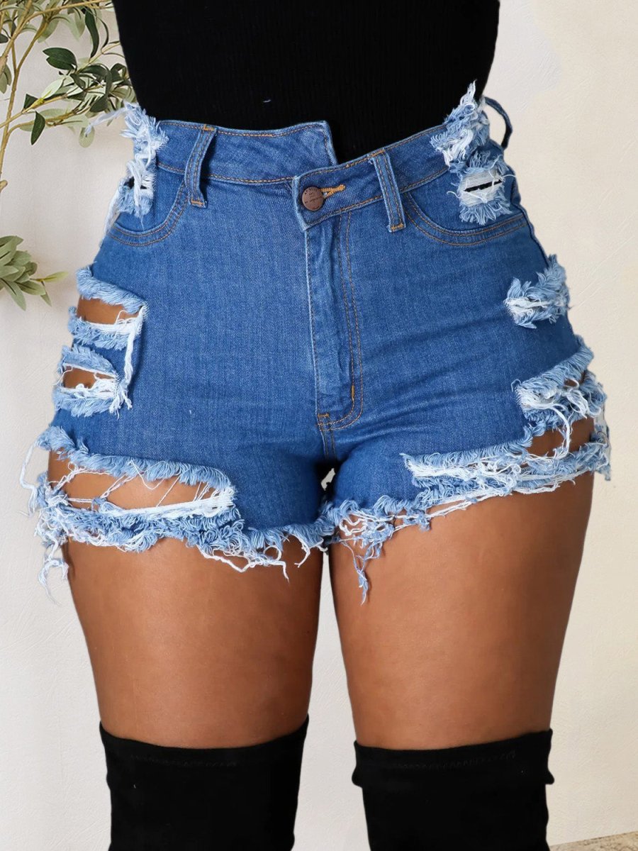Distressed Raw Hem Denim Shorts with Pockets - Bottoms