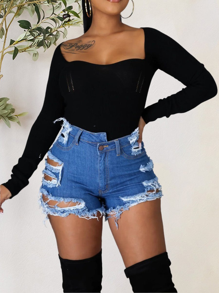 Distressed Raw Hem Denim Shorts with Pockets - Bottoms