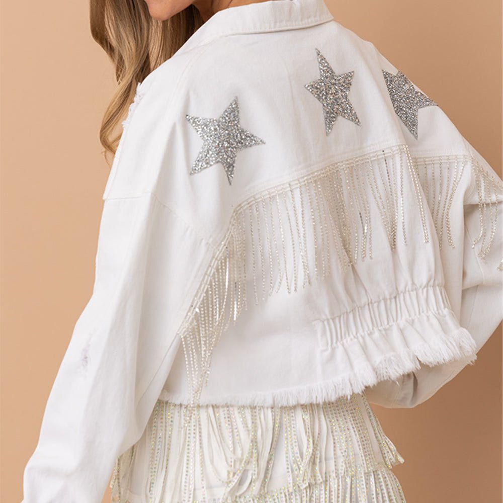 Distressed Raw Hem Dropped Shoulder Denim Jacket - Outerwear