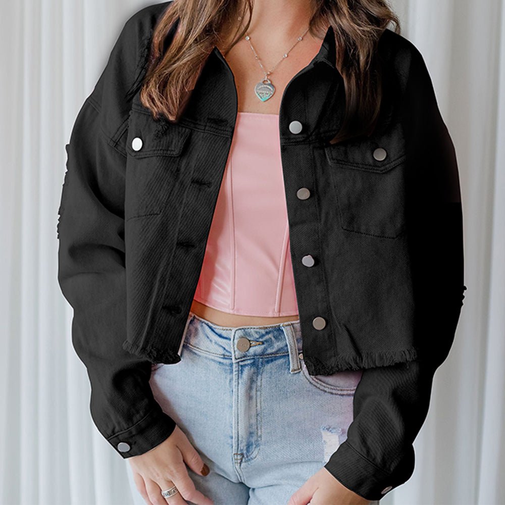Distressed Raw Hem Dropped Shoulder Denim Jacket - Outerwear