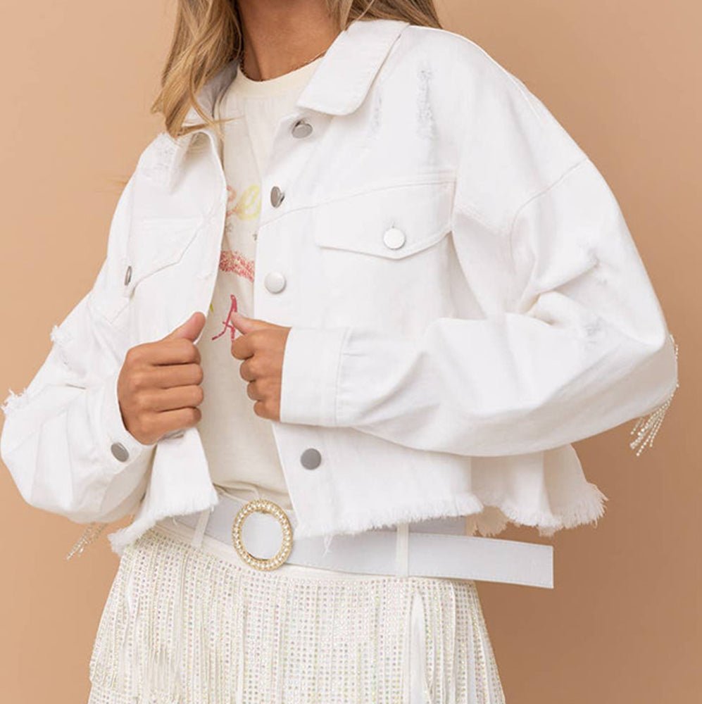 Distressed Raw Hem Dropped Shoulder Denim Jacket - Outerwear