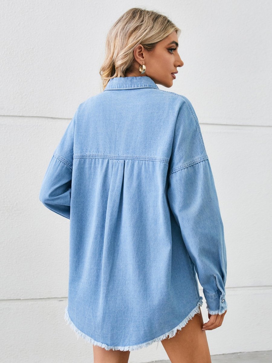 Distressed Raw Hem Dropped Shoulder Denim Jacket - Outerwear