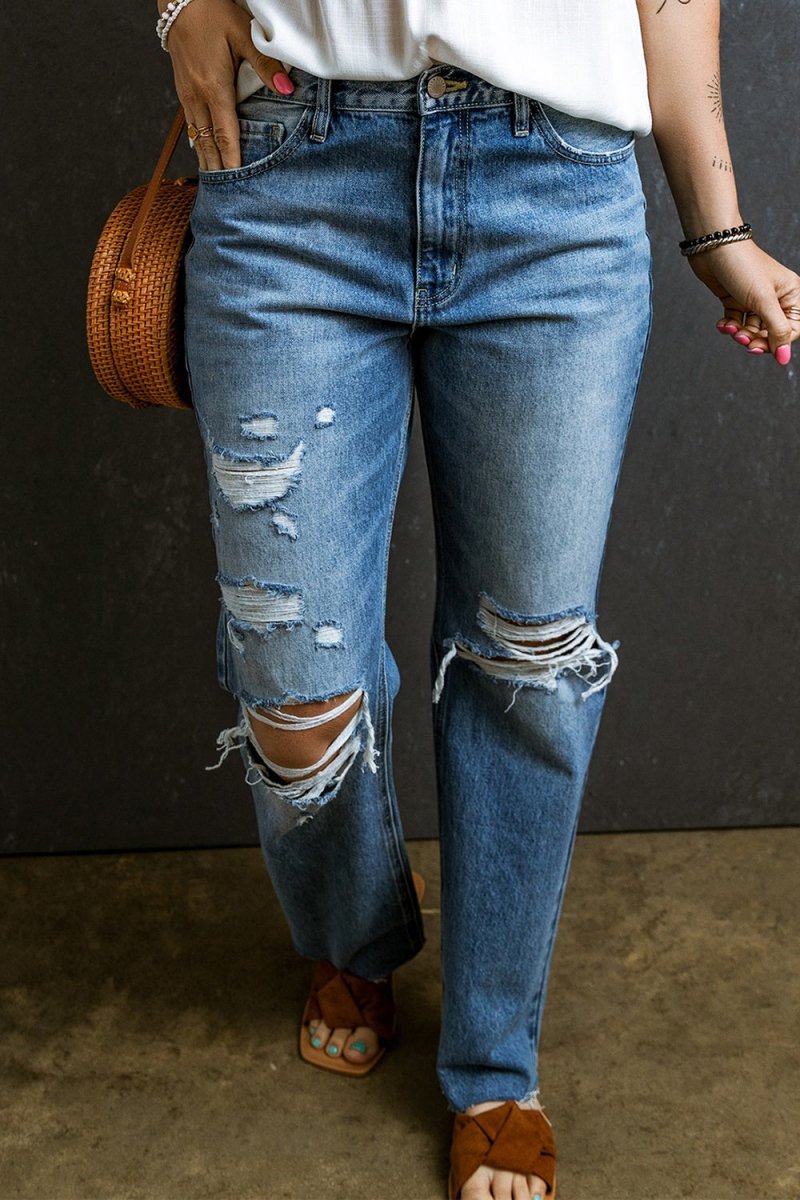 Distressed Raw Hem Jeans with Pockets - Bottoms
