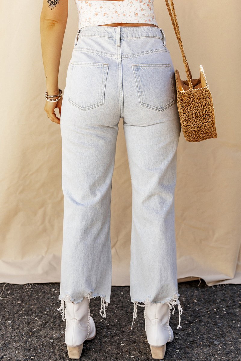 Distressed Raw Hem Jeans with Pockets - Bottoms