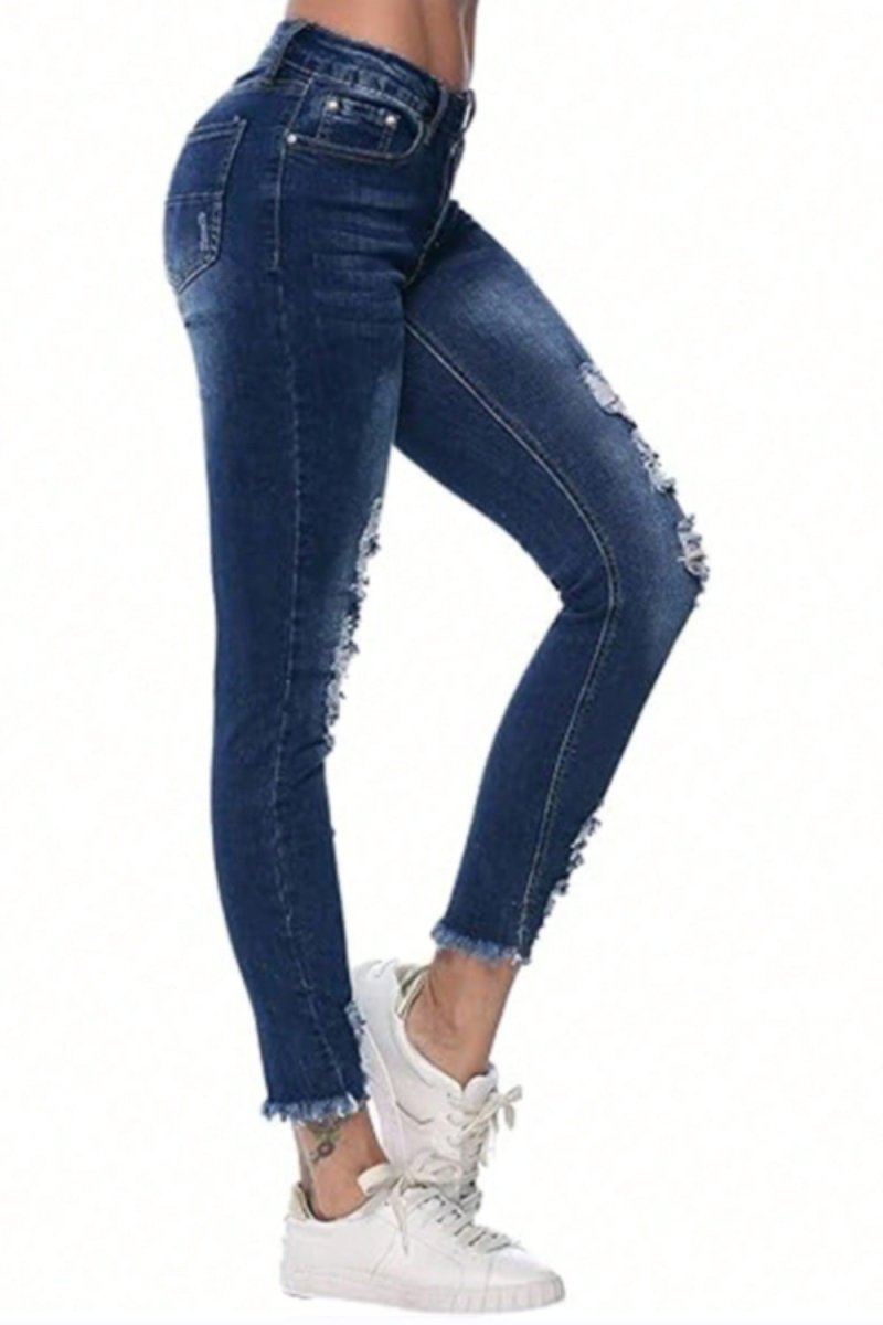 Distressed Raw Hem Jeans with Pockets - Bottoms