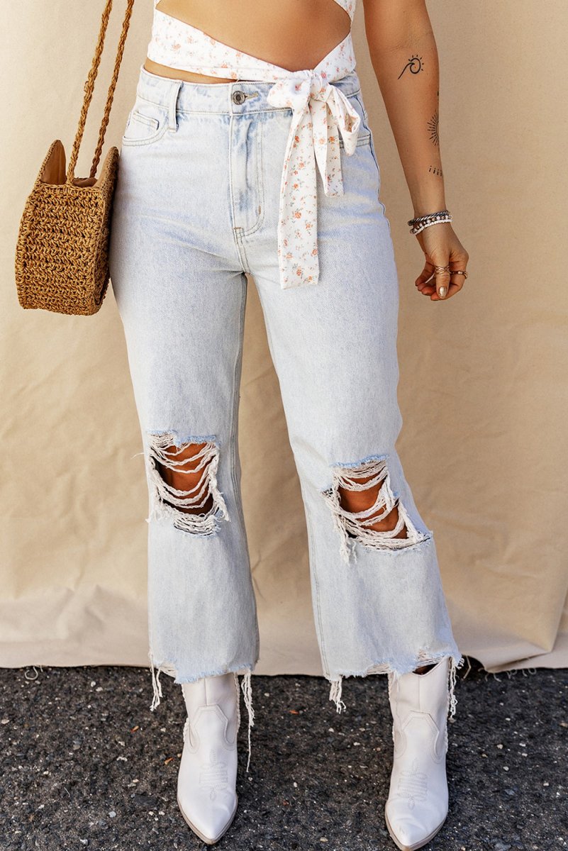 Distressed Raw Hem Jeans with Pockets - Bottoms