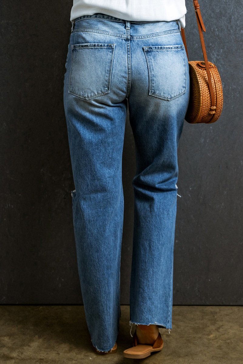 Distressed Raw Hem Jeans with Pockets - Bottoms