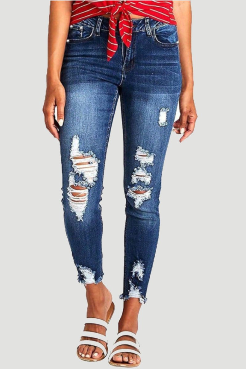 Distressed Raw Hem Jeans with Pockets - Bottoms