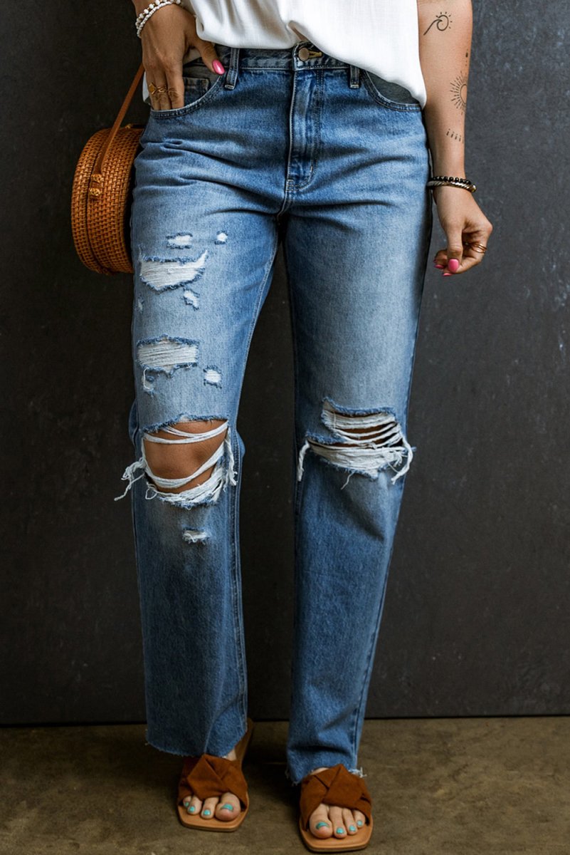 Distressed Raw Hem Jeans with Pockets - Bottoms