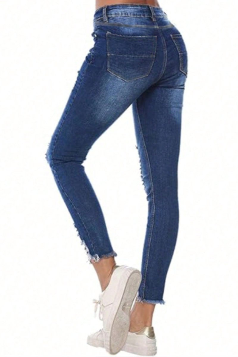 Distressed Raw Hem Jeans with Pockets - Bottoms