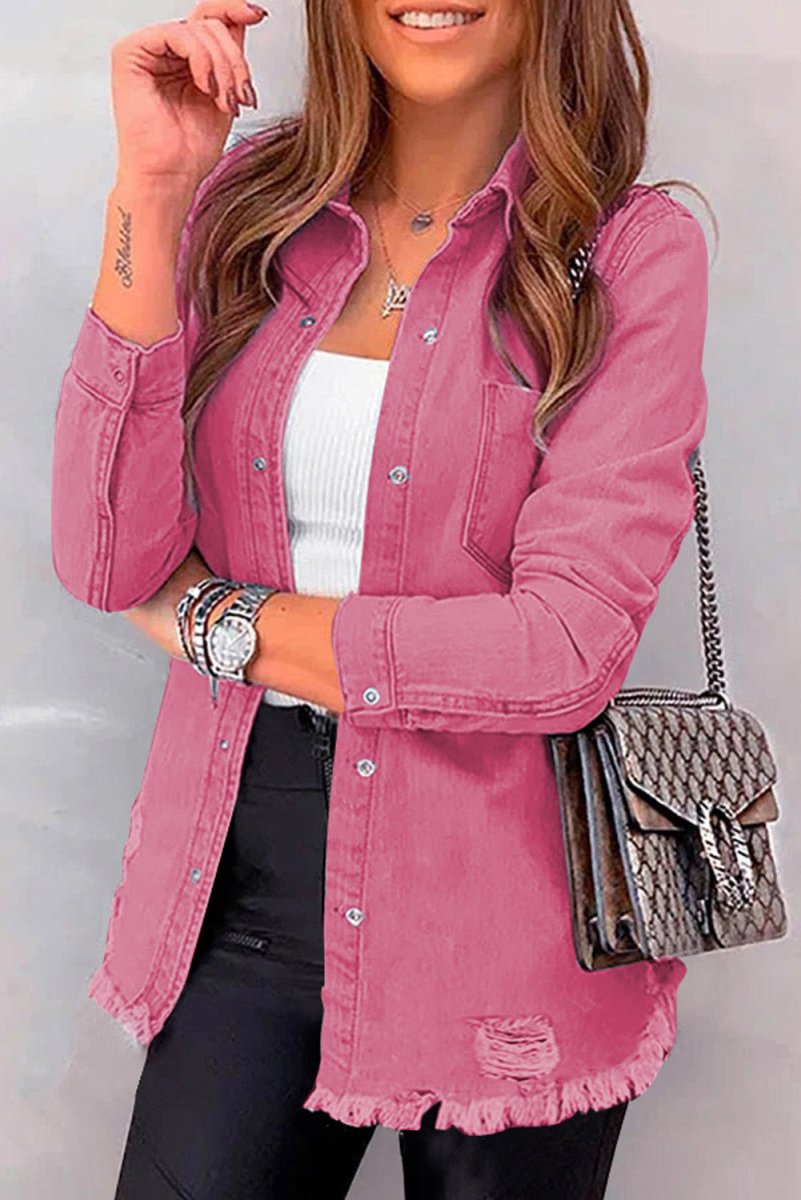 Distressed Raw Hem Snap Down Denim Jacket - Outerwear