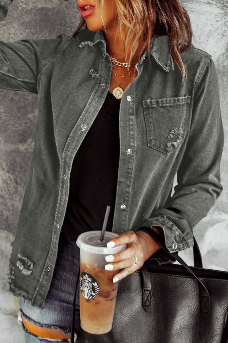 Distressed Raw Hem Snap Down Denim Jacket - Outerwear
