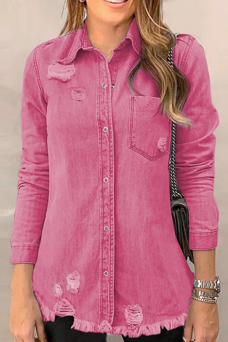 Distressed Raw Hem Snap Down Denim Jacket - Outerwear