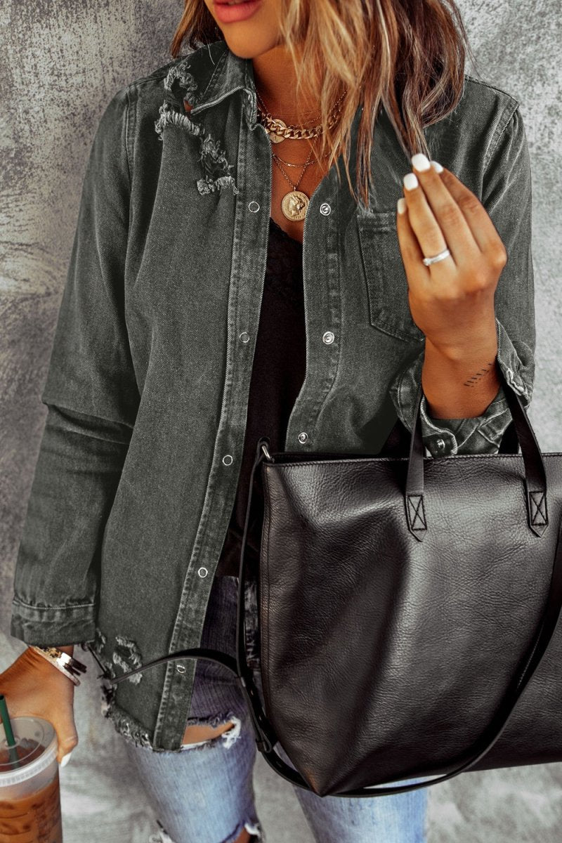 Distressed Raw Hem Snap Down Denim Jacket - Outerwear