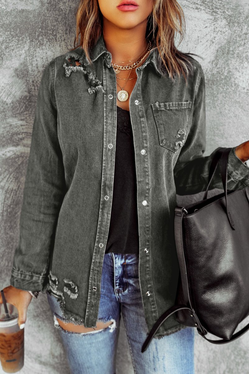 Distressed Raw Hem Snap Down Denim Jacket - Outerwear