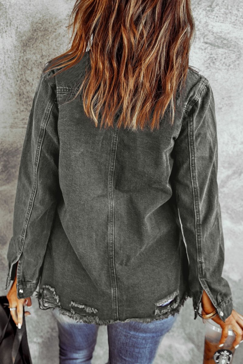 Distressed Raw Hem Snap Down Denim Jacket - Outerwear